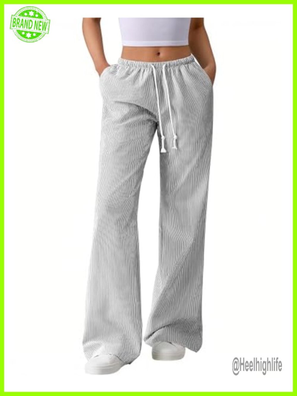 Striped Wide Leg Palazzo Pants Elastic High Waist Trousers with Pockets